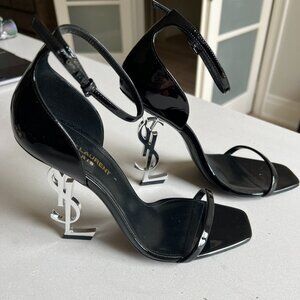 Yves Saint Laurent YSL Patent Leather Logo Heel Sandals